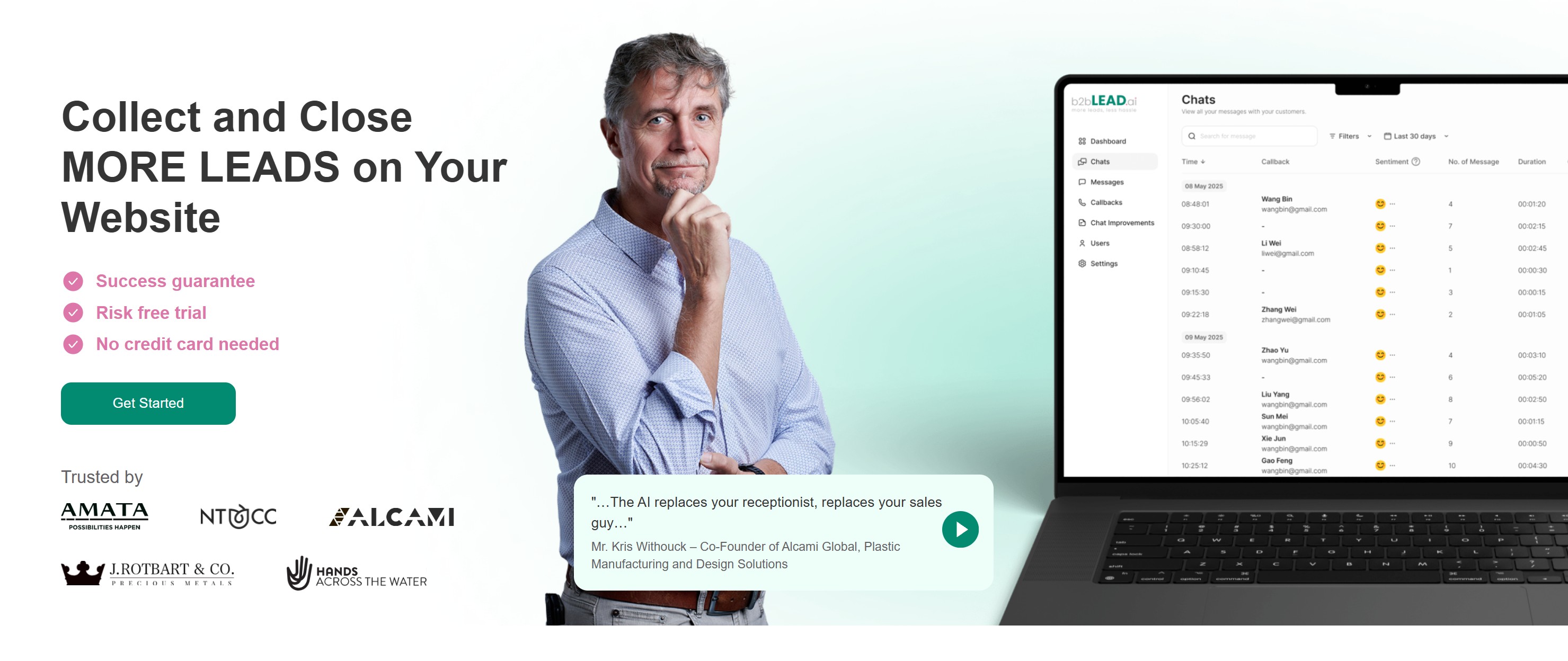 The b2blead.ai website and conversation dashboard