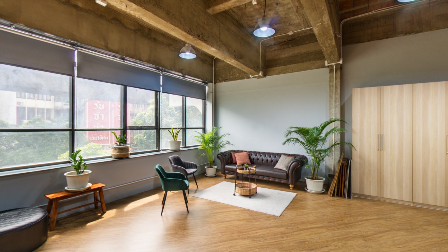 Studio lounge with large windows, timber flooring, armchairs and indoor plants