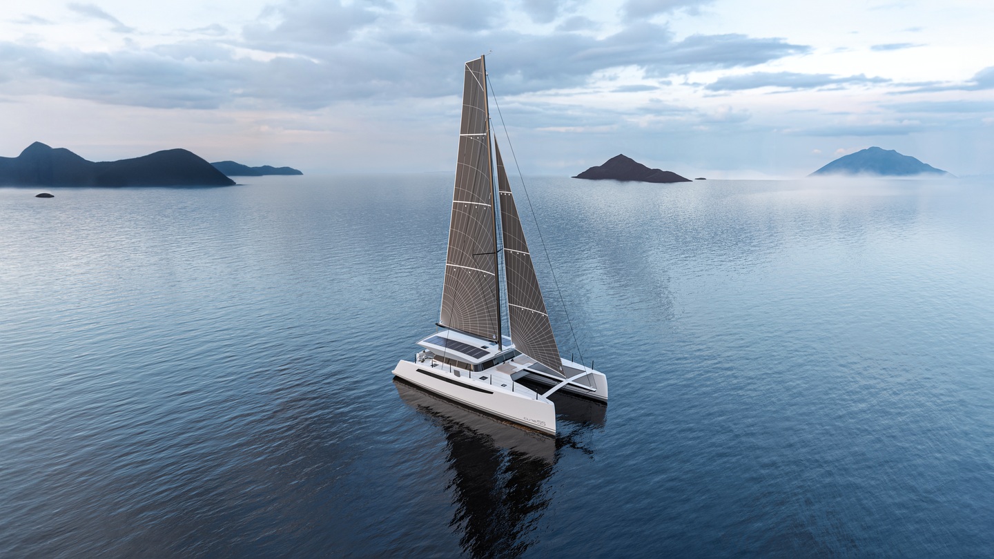 Visualization of a sailing catamaran on calm water with distant islands