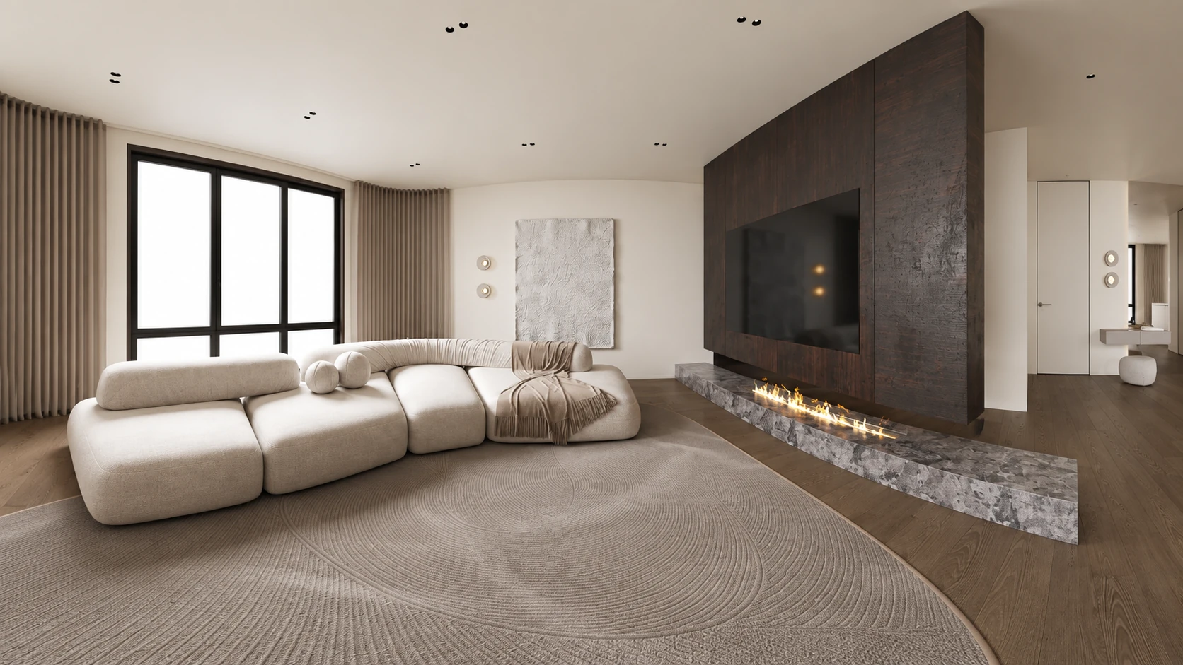 Cream curved sofa and dark fireplace wall in a contemporary living room visualization