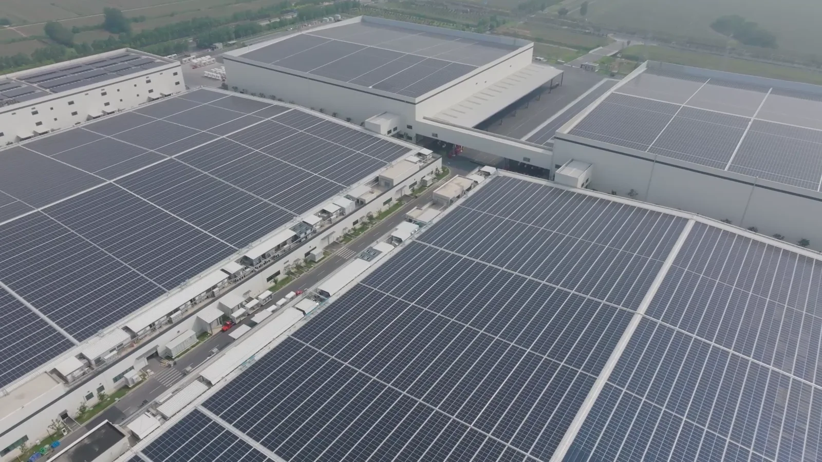 Solar panels across the roofs of the Tongwei Solar factory